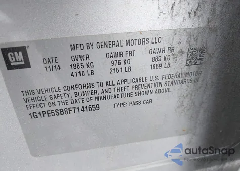 2015 Chevrolet Cruze Lt z USA, uszkodzony, nr VIN 1G1PE5SB8F7141659